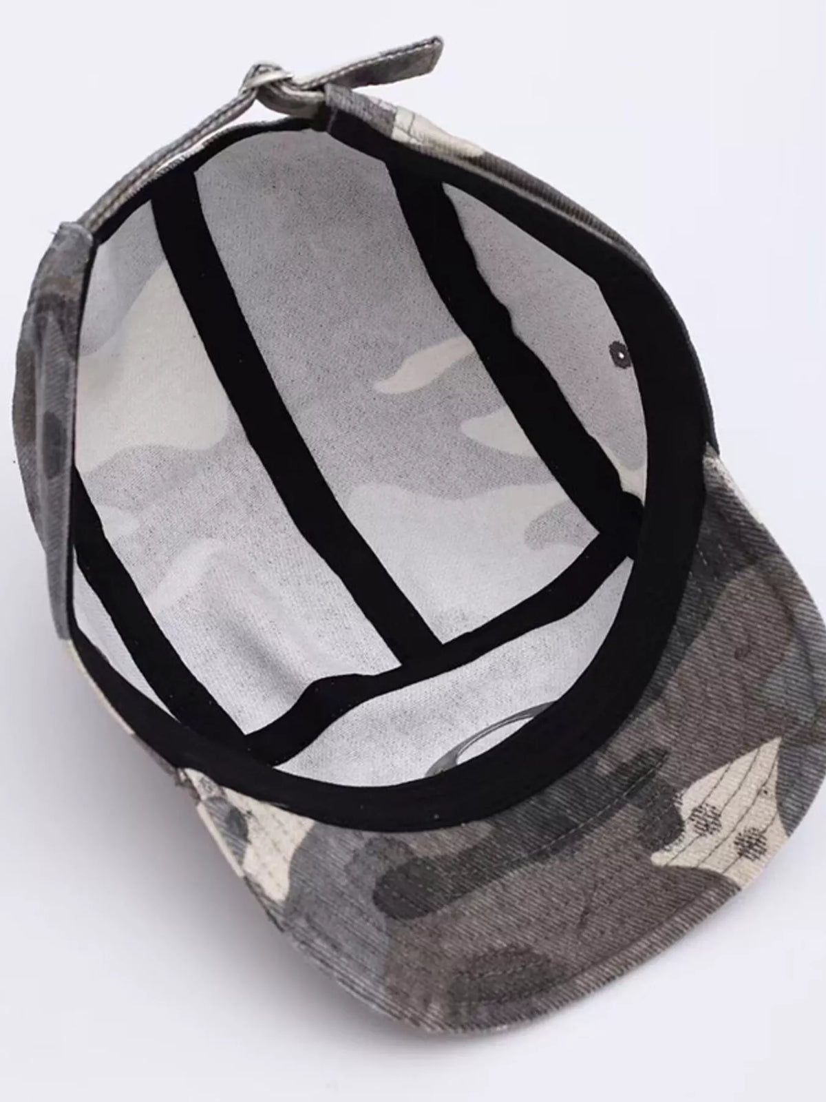 Close up of camouflage print detail on cap