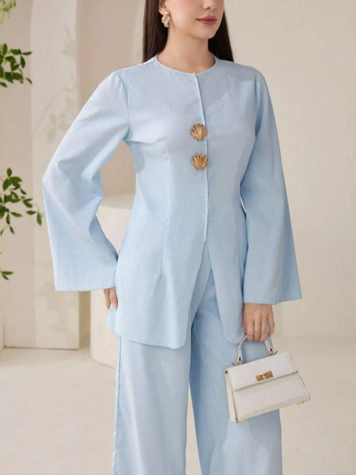 Blue shell button shirt and pants two piece set front view