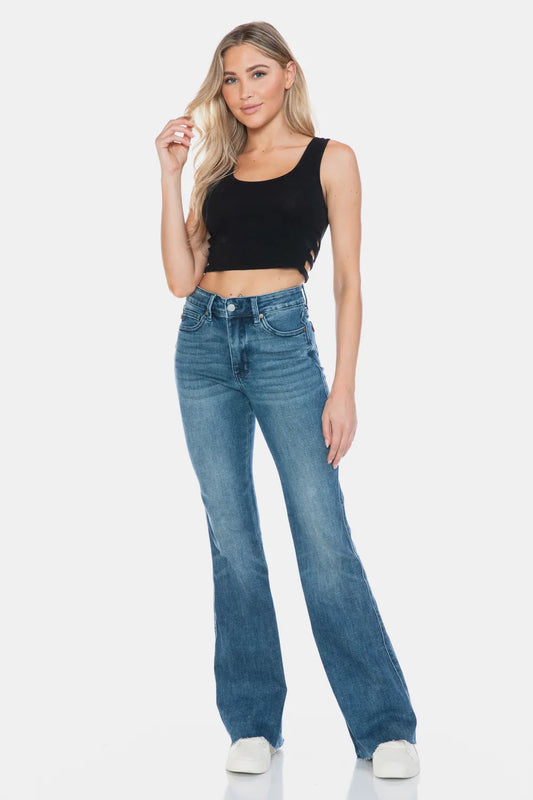 Judy Blue Full Size Tummy Control Cut Hem Flare Jeans – Vintage Wash Medium - Fashorio