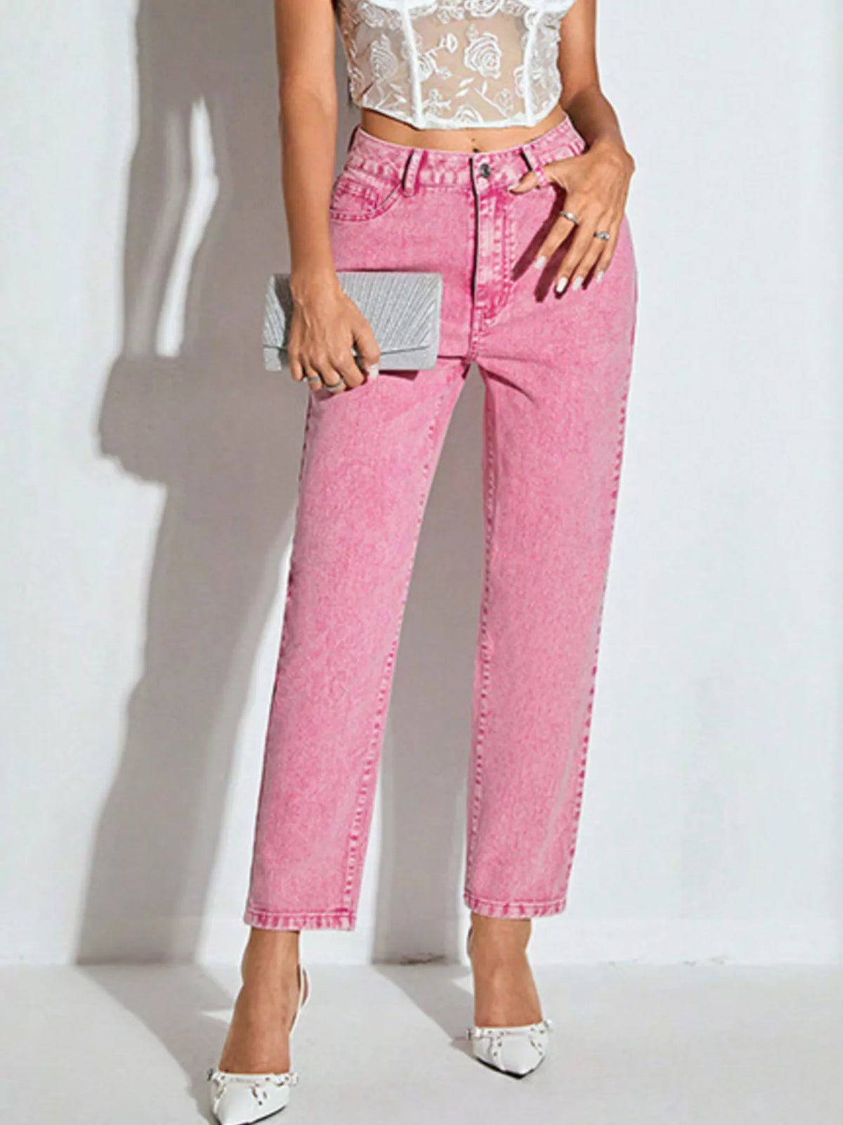 Dusty pink high waisted straight leg jeans front view
