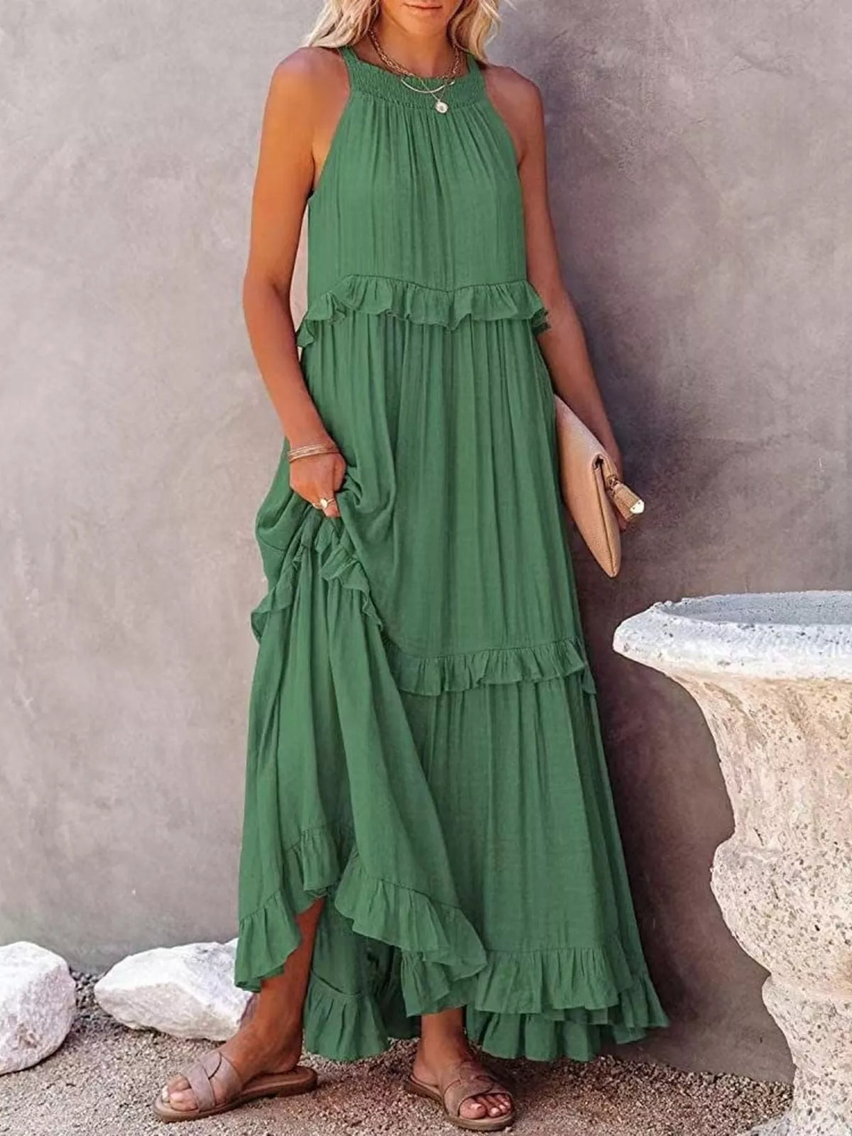 Ruffled tiered sleeveless maxi dress styled view