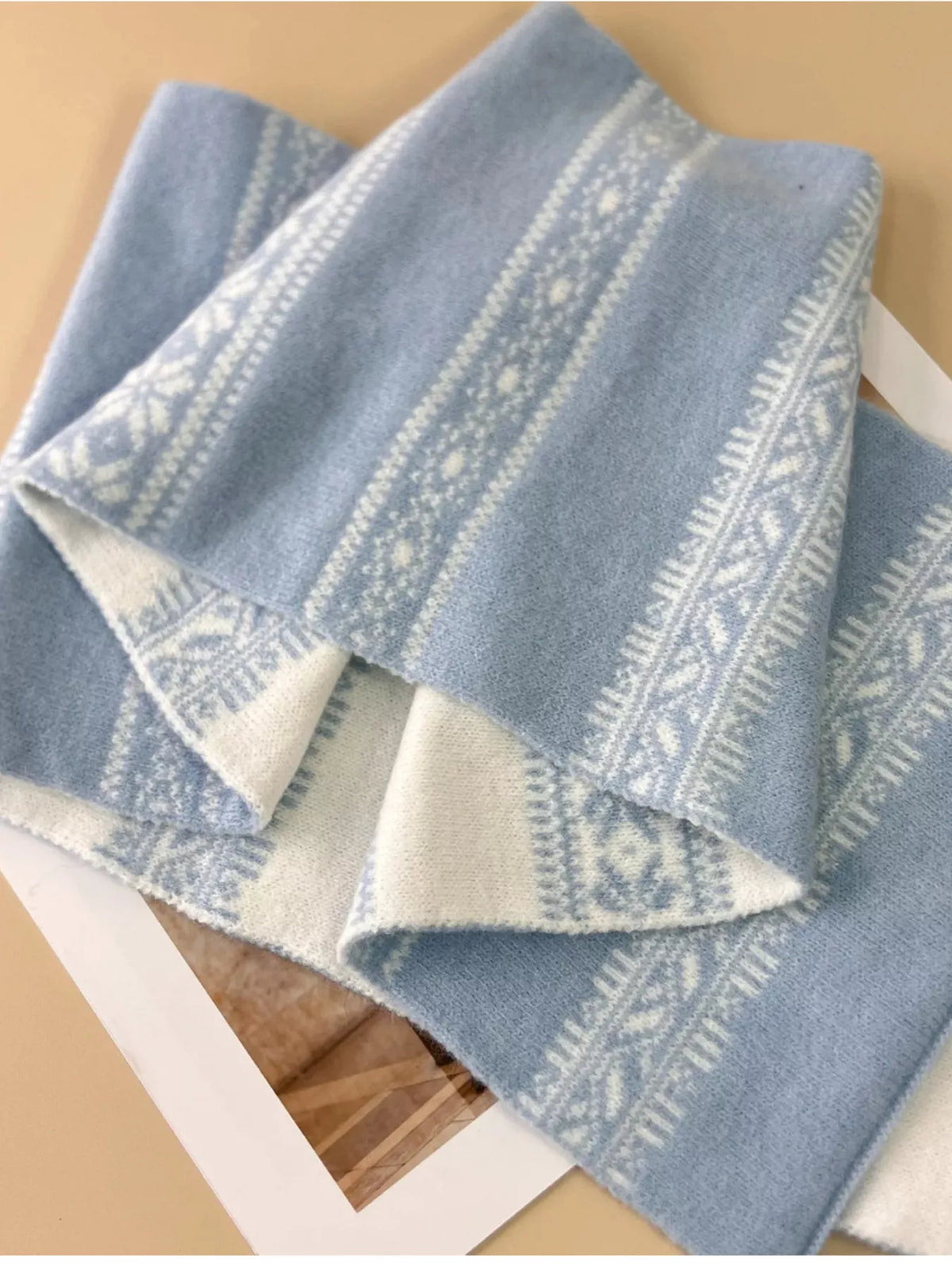 Wool blend scarf with festive snowflake pattern