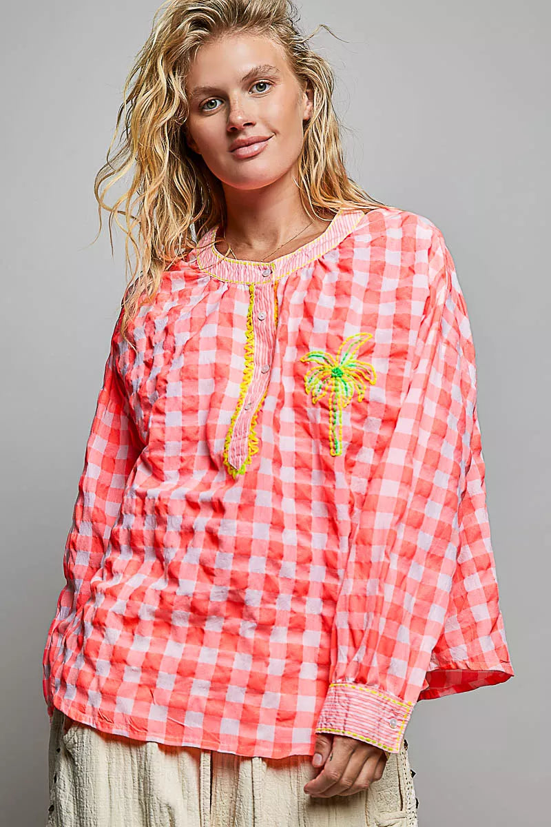 POL gingham embroidered palm tree blouse in pink multi
