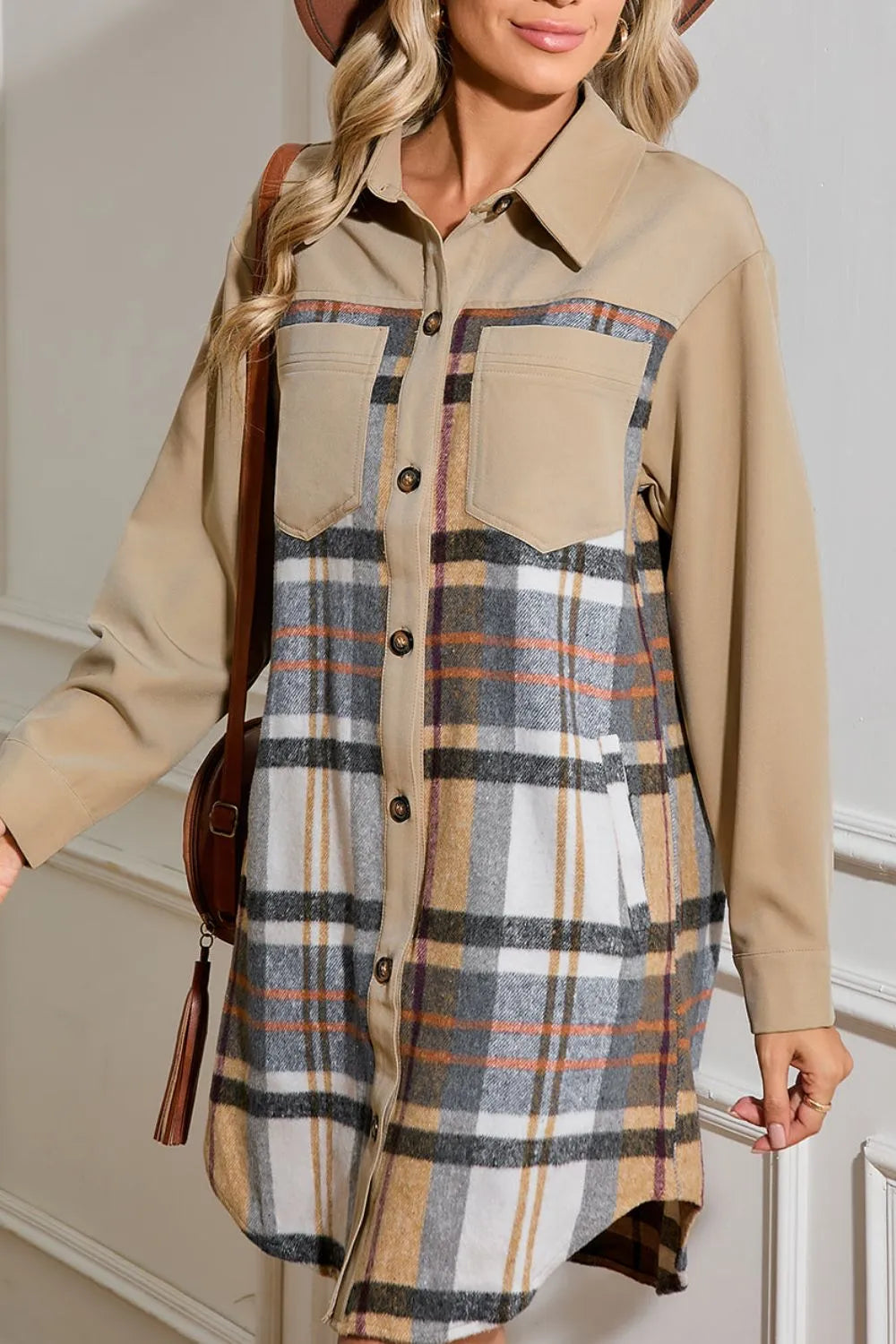 khaki plaid long sleeve button front mini shirt dress styled outfit view