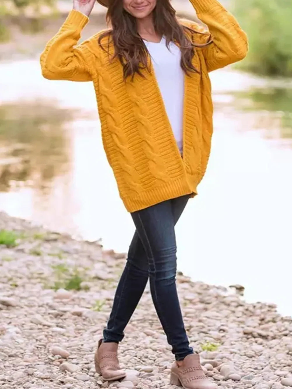 Cable-Knit Open Front Long Sleeve Cardigan - Fashorio