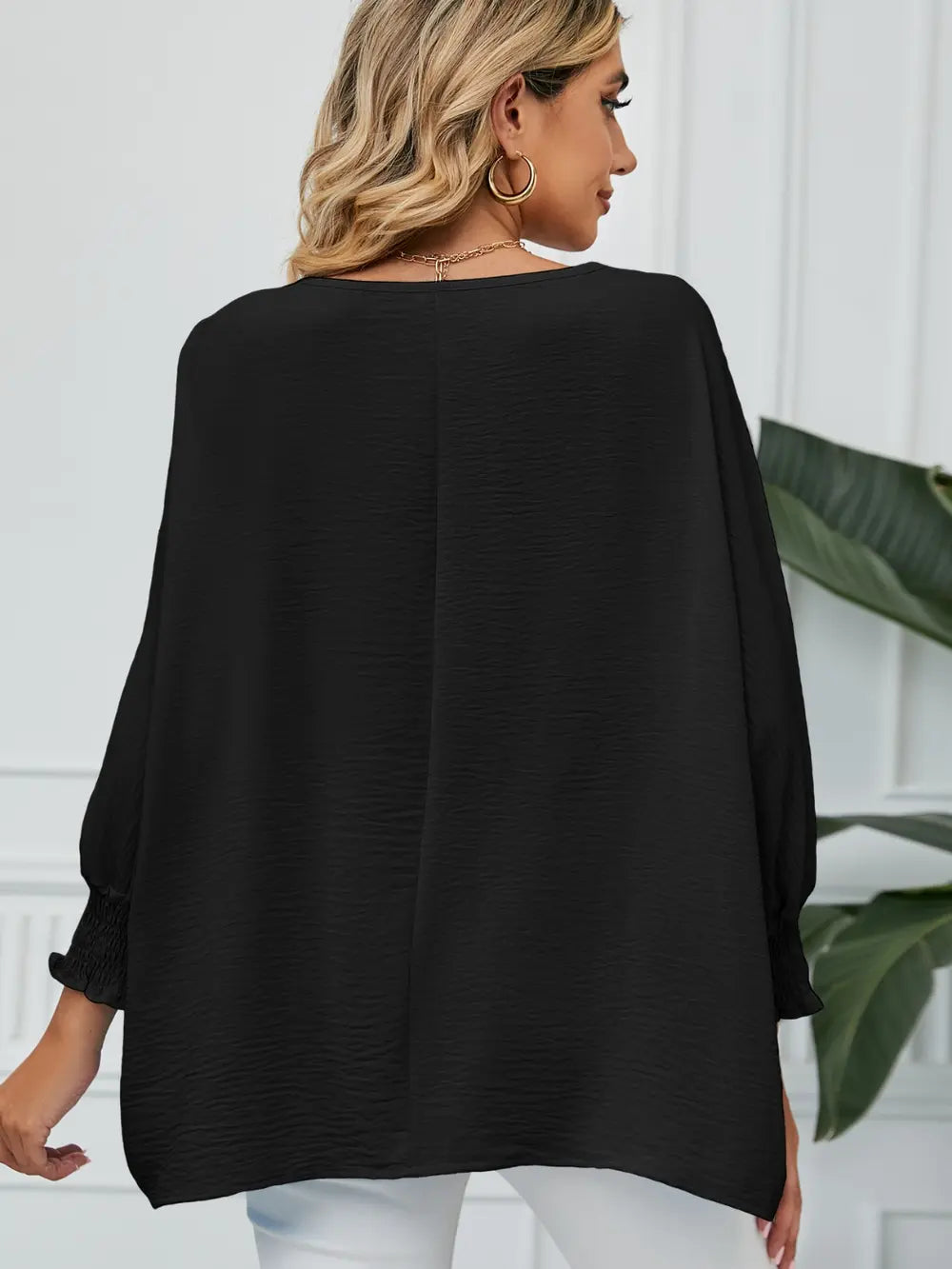 Smocked Lantern Sleeve Round Neck Blouse - Fashorio