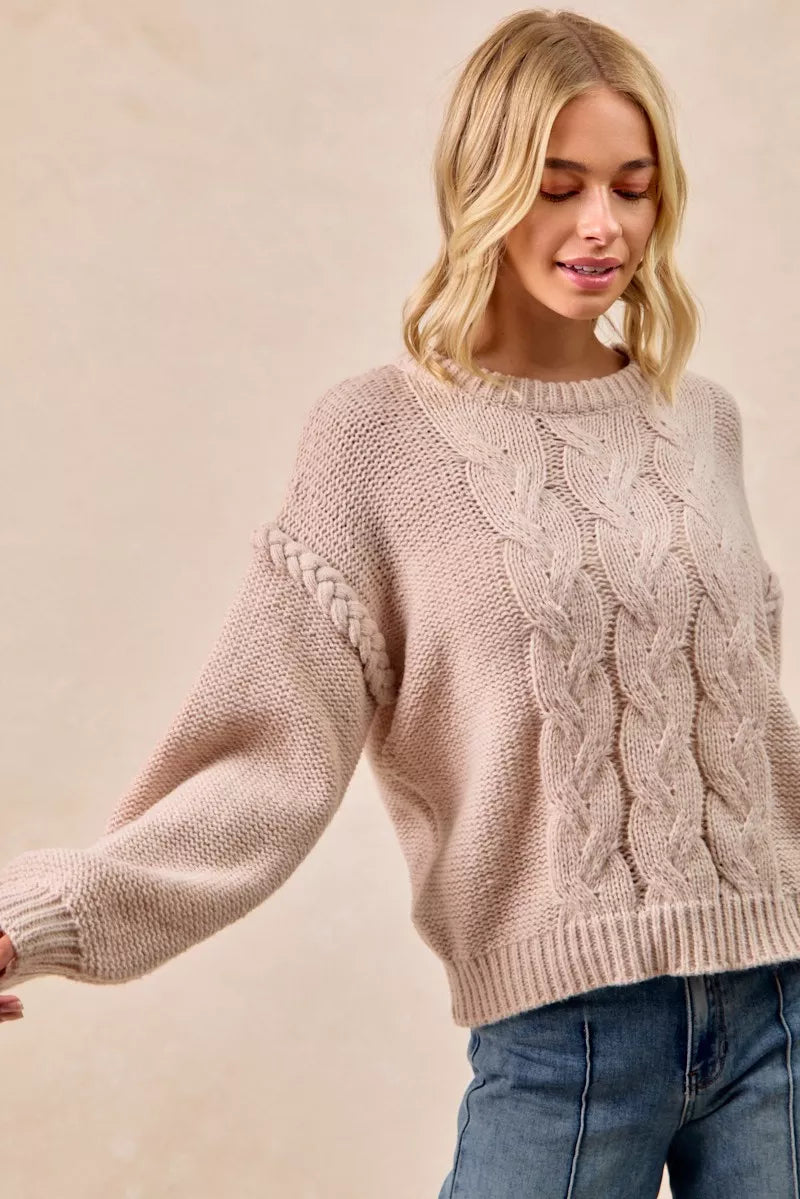 Cable Knit Sweater with Shoulder Braid in Mocha styled look