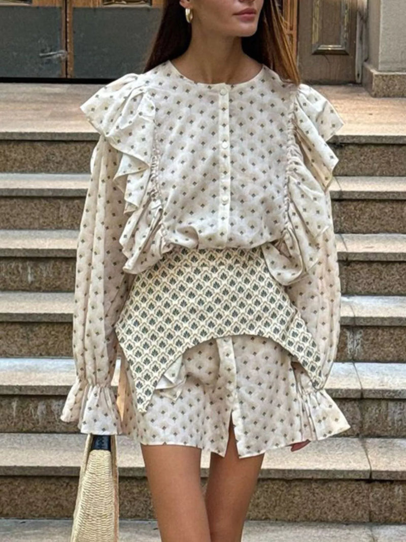 Beige ruffled floral print mini dress front view