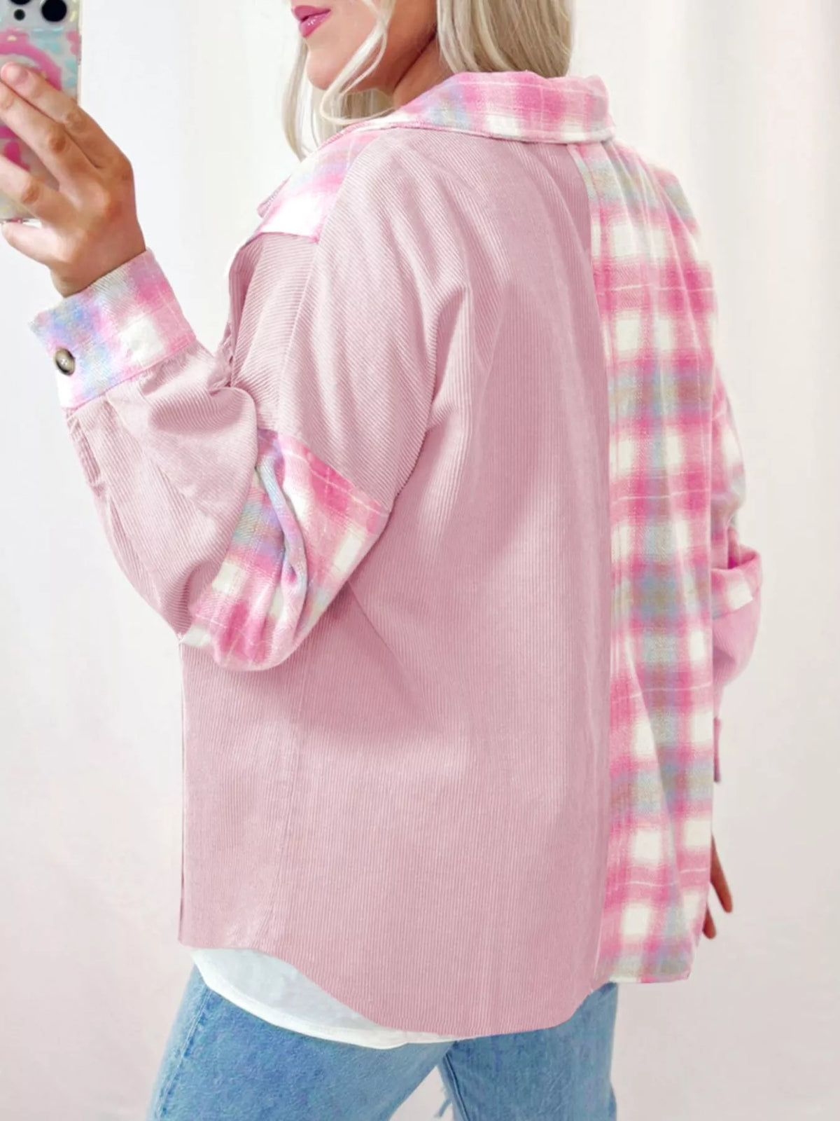 Plaid Button Up Jacket in Blush Pink back view
