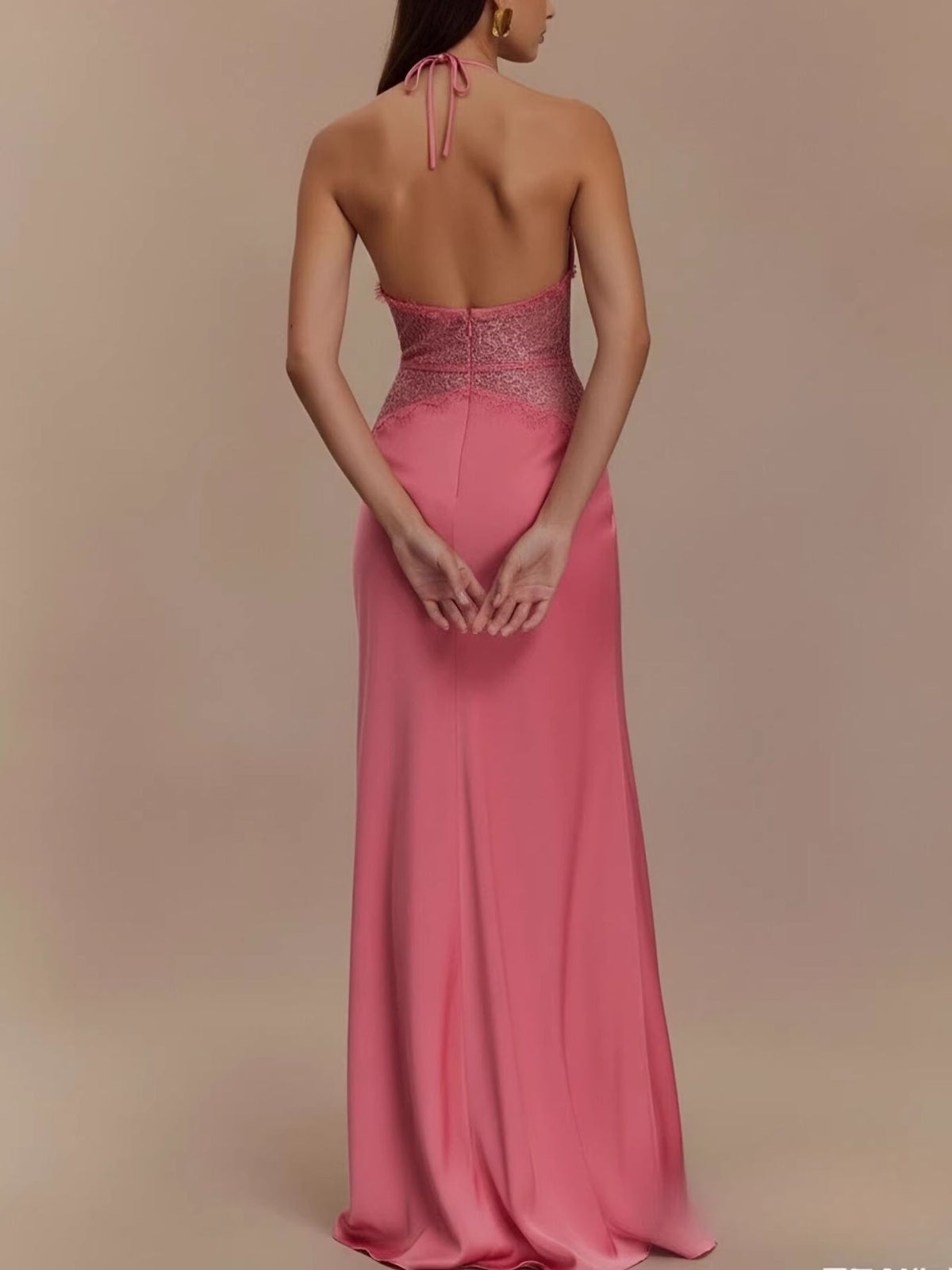 Halter neck lace trimmed maxi dress side profile