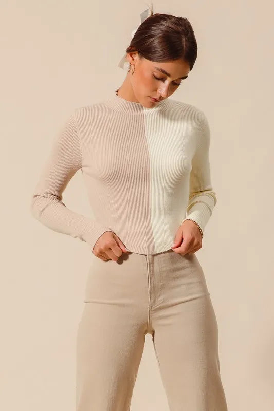 Color Block Fitted Cropped Sweater Top in Taupe and Ivory view 9