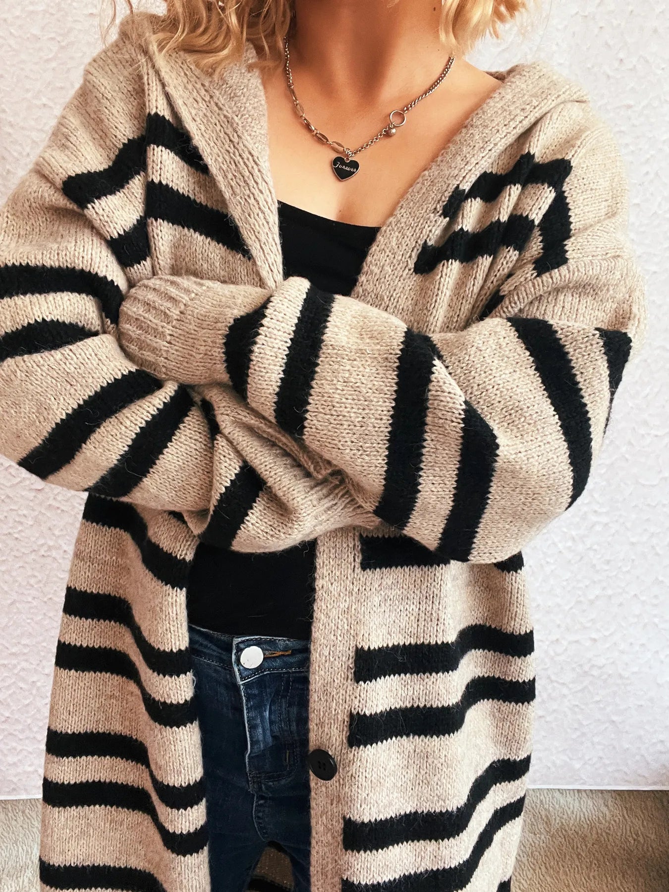 Striped Open Front Hooded Cardigan - Fashorio