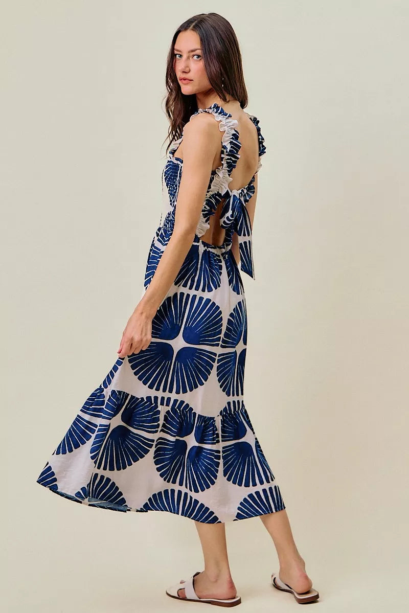 Navy abstract print smocked bodice tiered midi dress front view