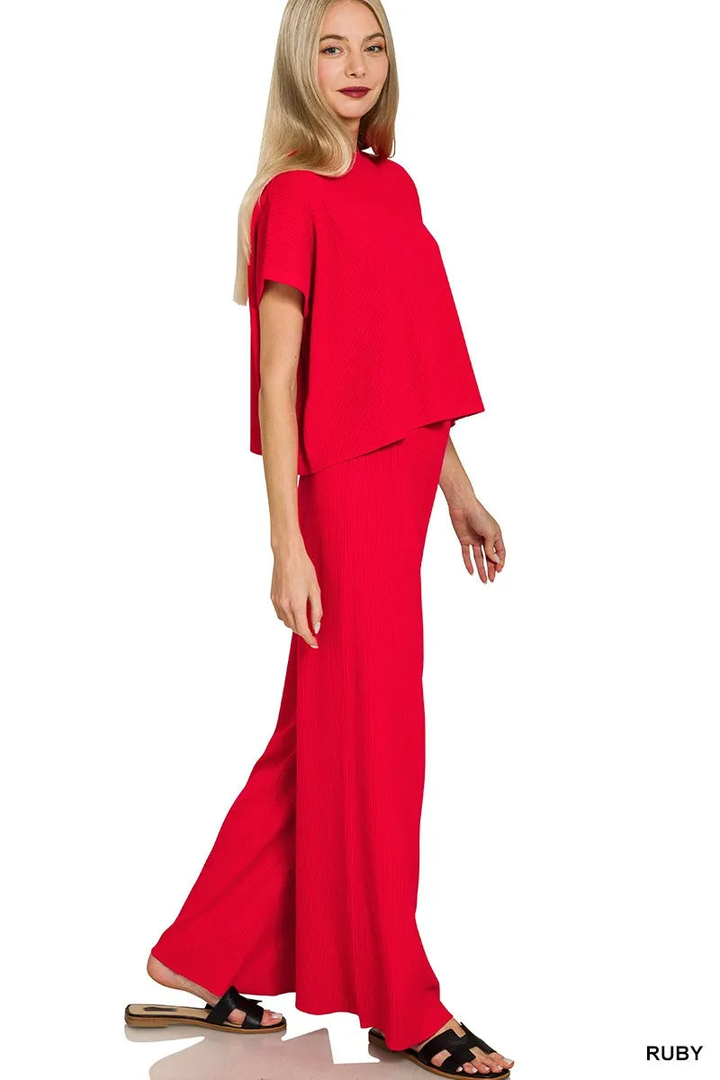 Zenana Viscose Sweater Short Sleeve Top and Pants Set - Fashorio