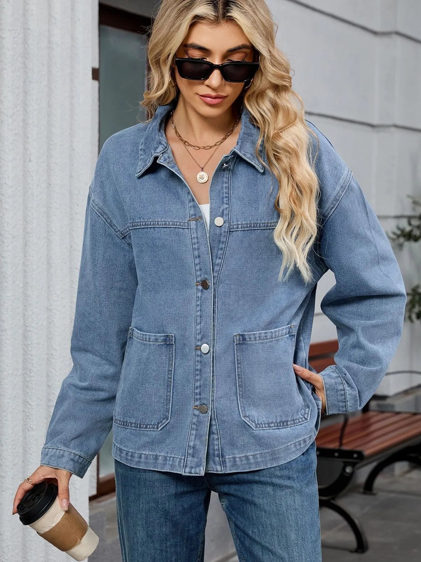Washed Oversized Button Down Denim Jacket - Fashorio