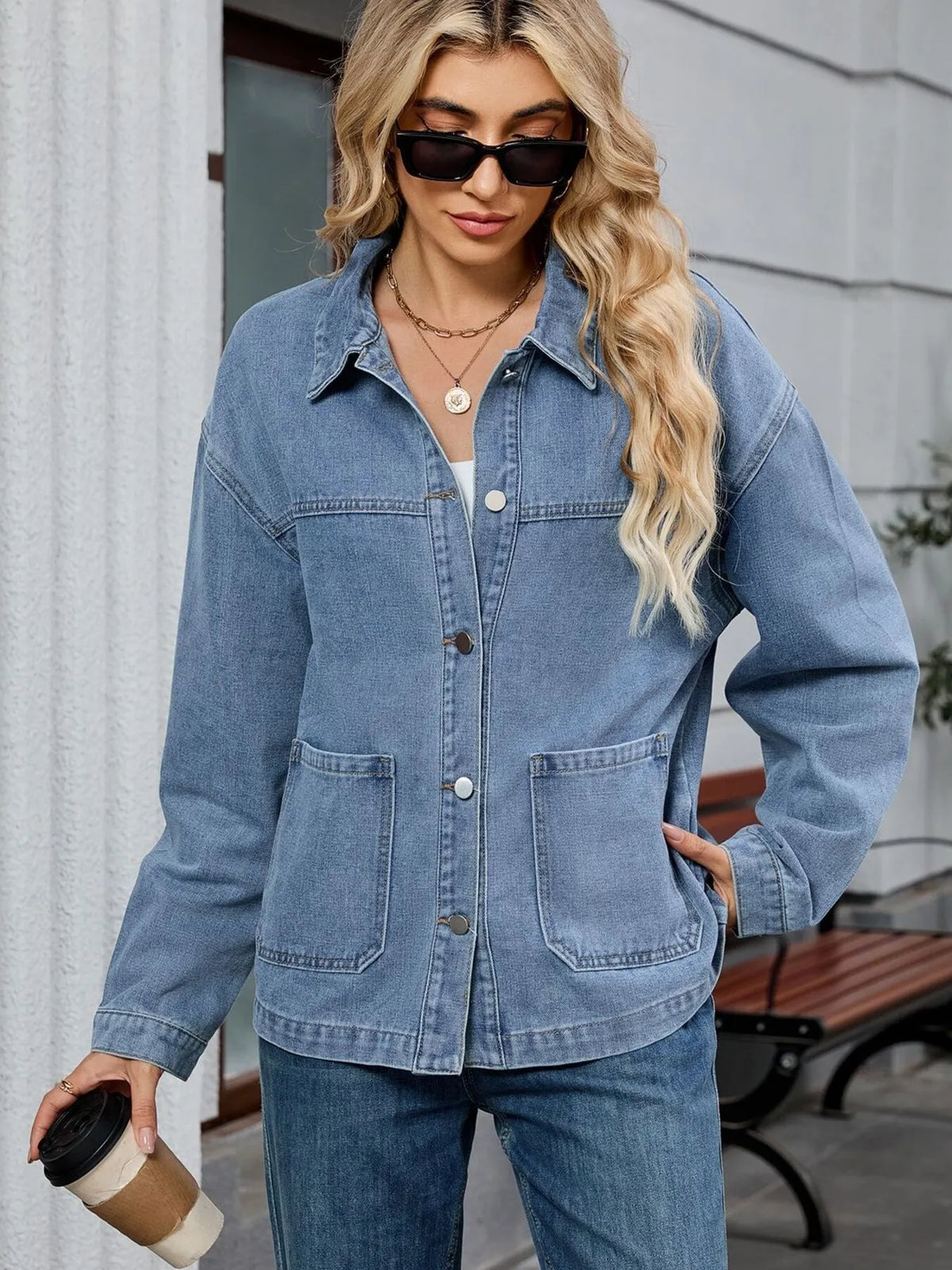 Washed Oversized Button Down Denim Jacket, view 9