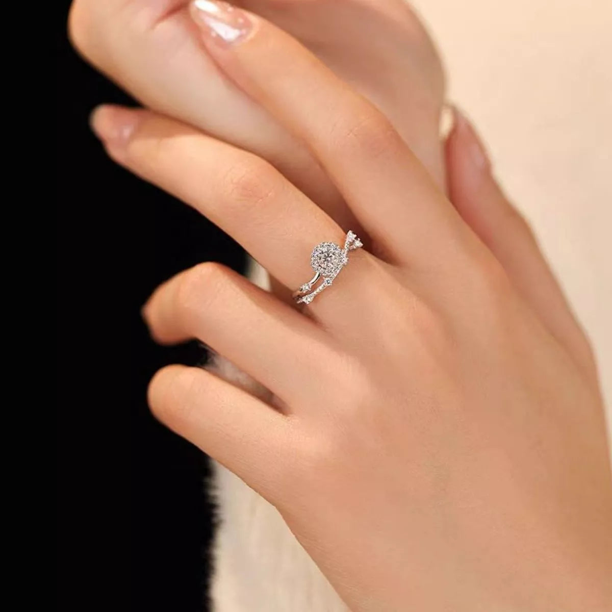 Sterling silver moissanite layered ring close up view