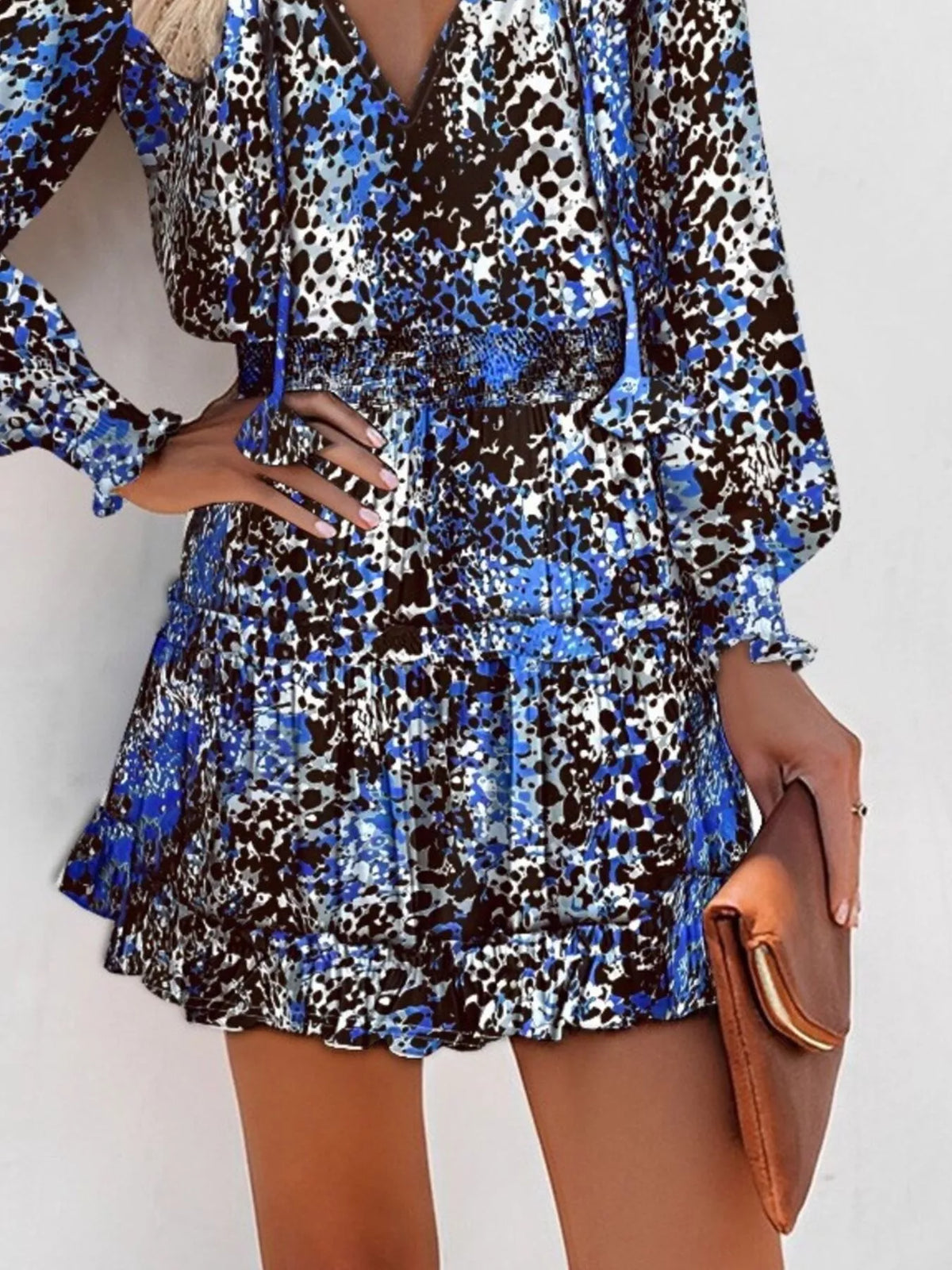 Tie neck lantern sleeve tiered dress side view