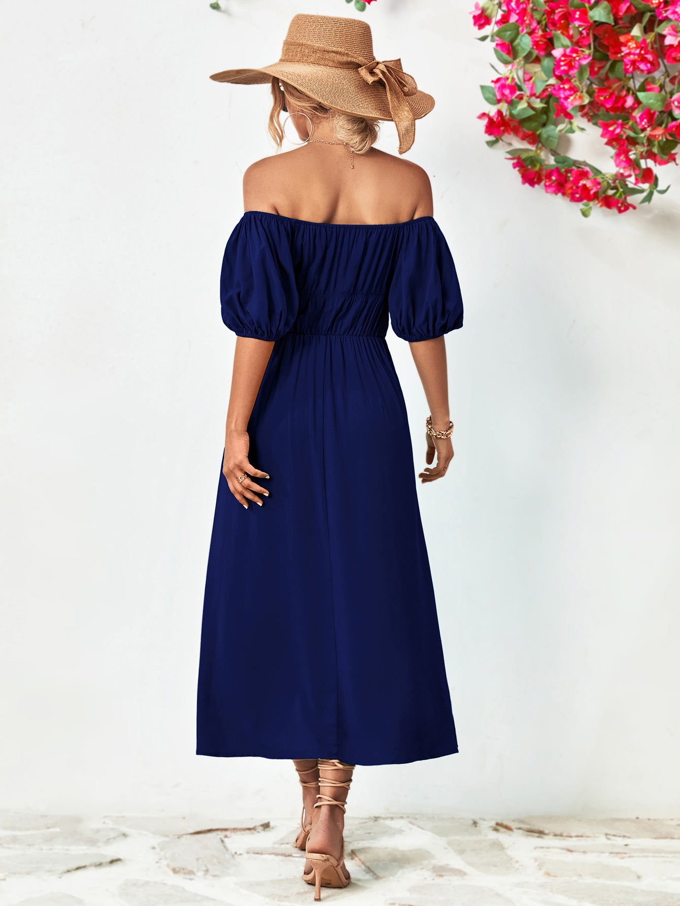 Off-Shoulder Balloon Sleeve Midi Dress - Fashorio