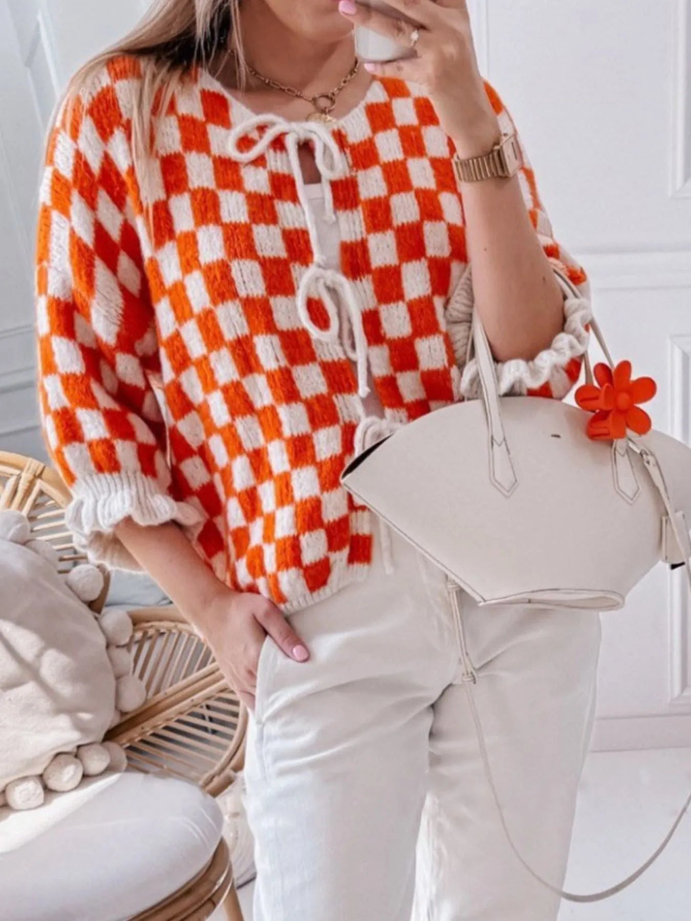 Checkered Tie-Front Knit Cardigan Rose Red - Fashorio