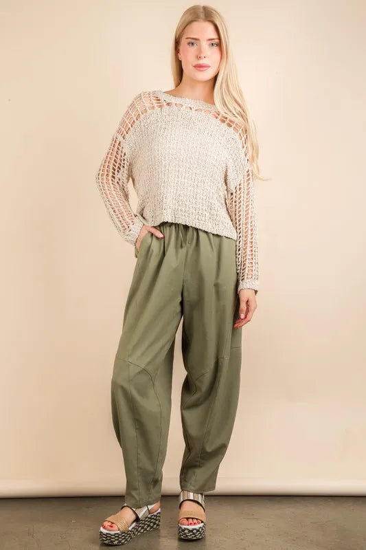 VERY J Solid Barrel Comfy Woven Pants Olive - Fashorio
