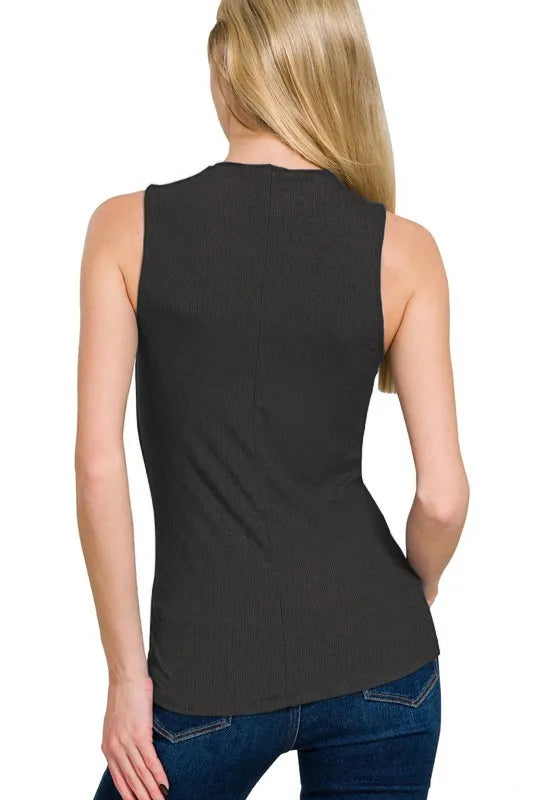 Zenana Ribbed Sleeveless Mock Neck Top - Fashorio