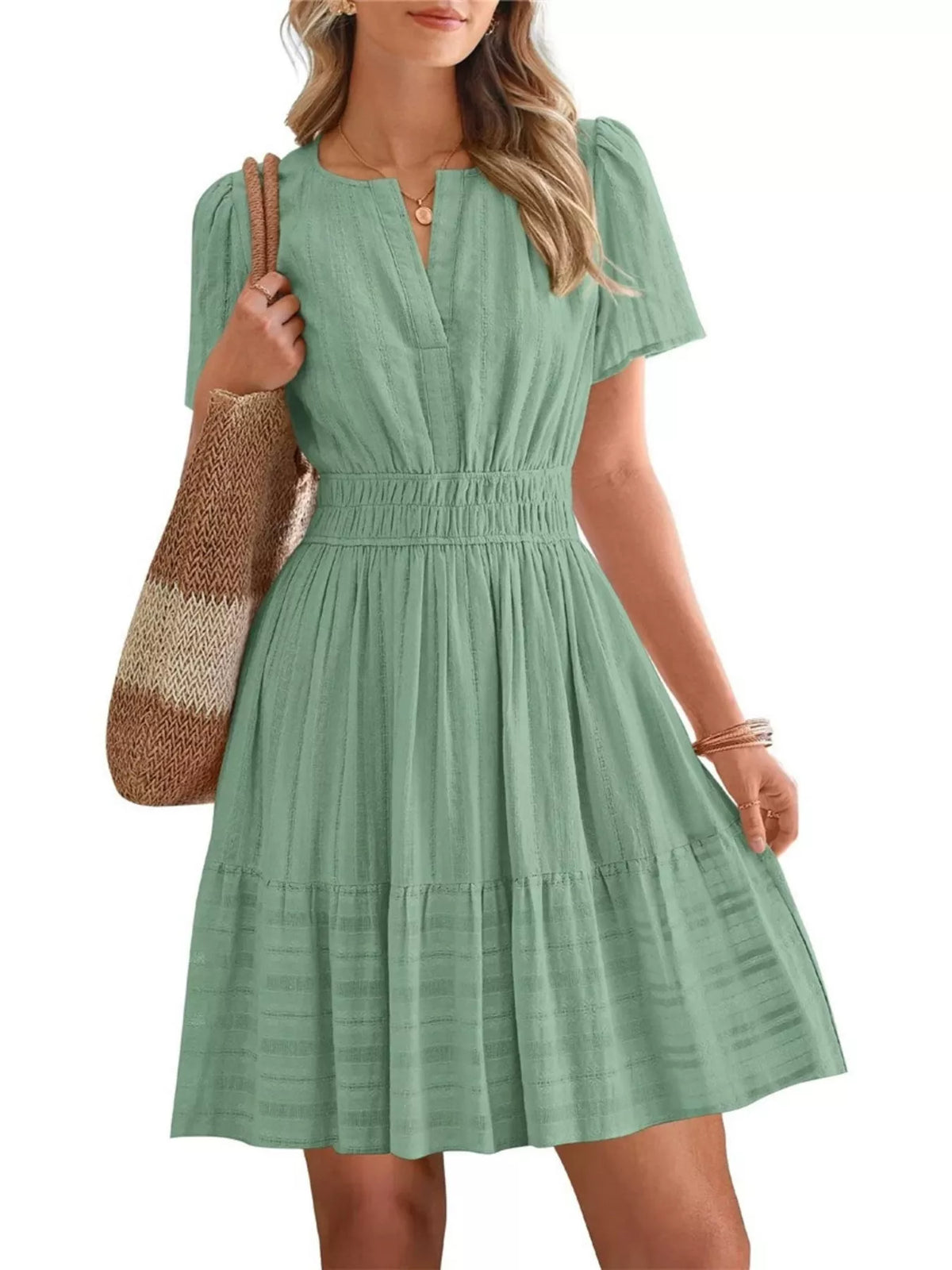 Short sleeve smocked waist tiered midi dress side view