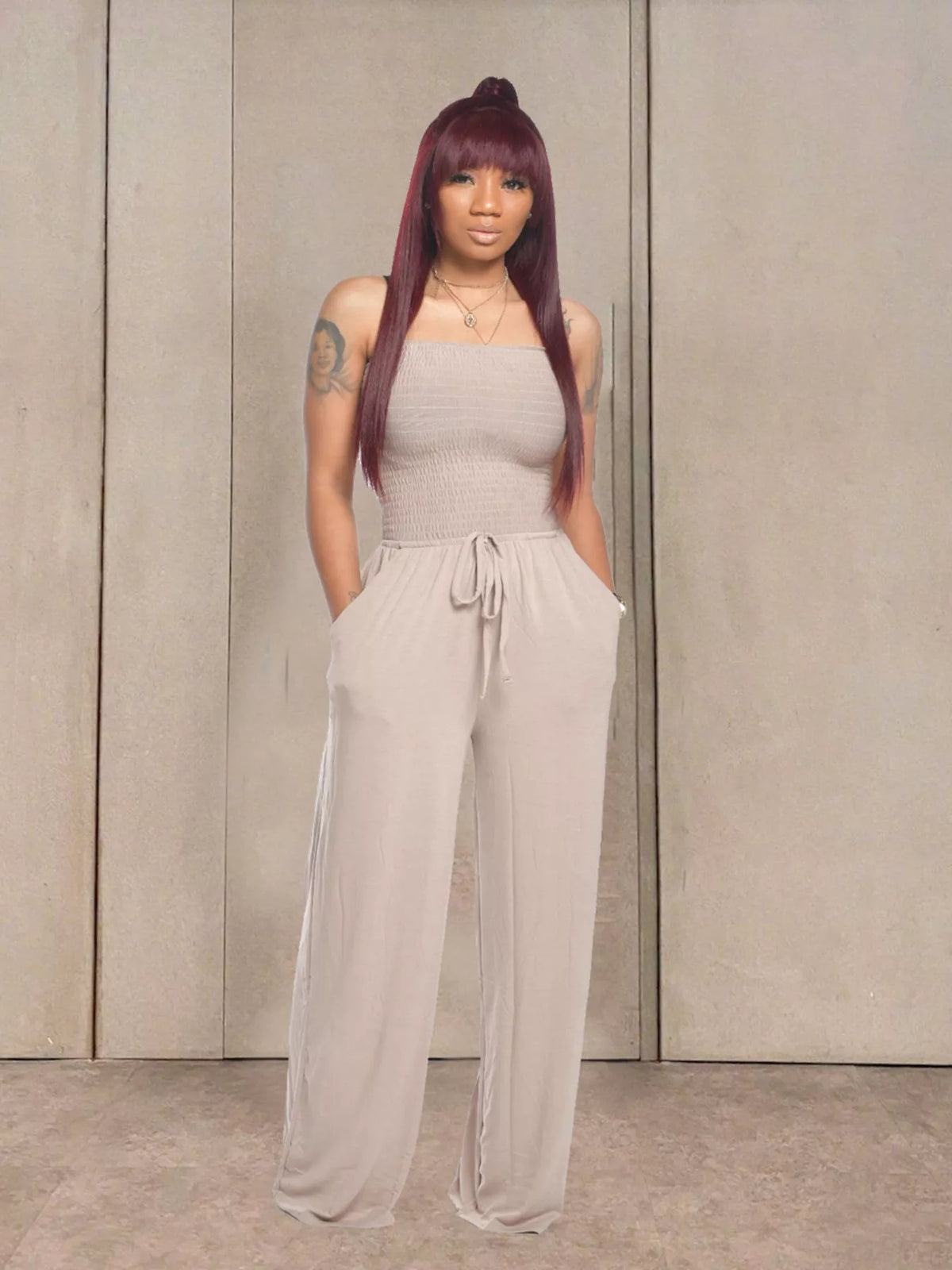 Strapless smocked wide leg jumpsuit fabric close up