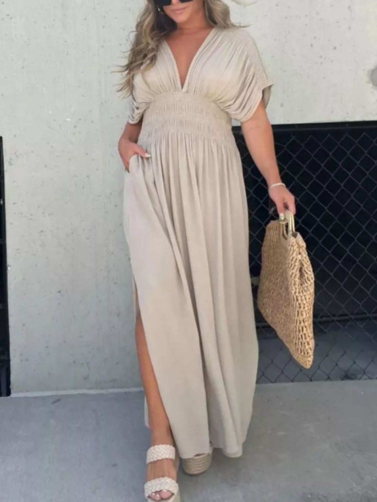 Slit V neck smocked waist maxi dress back view