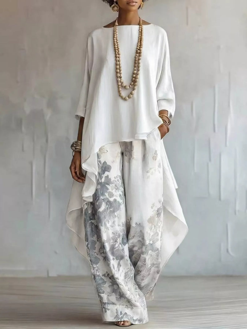 Asymmetrical hem top and floral pants two piece set front view