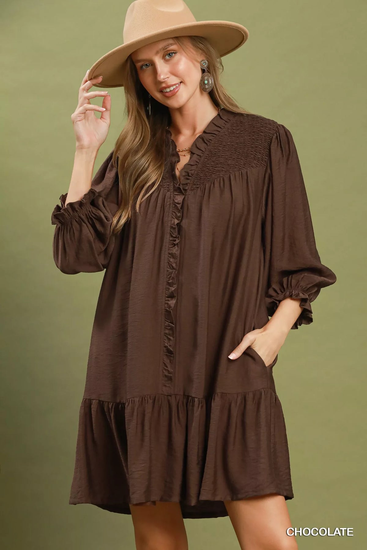 Chocolate smocked ruffle tiered mini dress front view