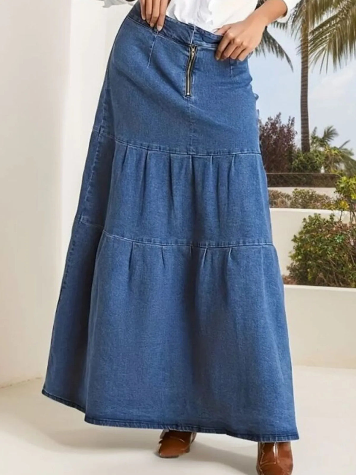 Tiered blue denim maxi skirt, side profile