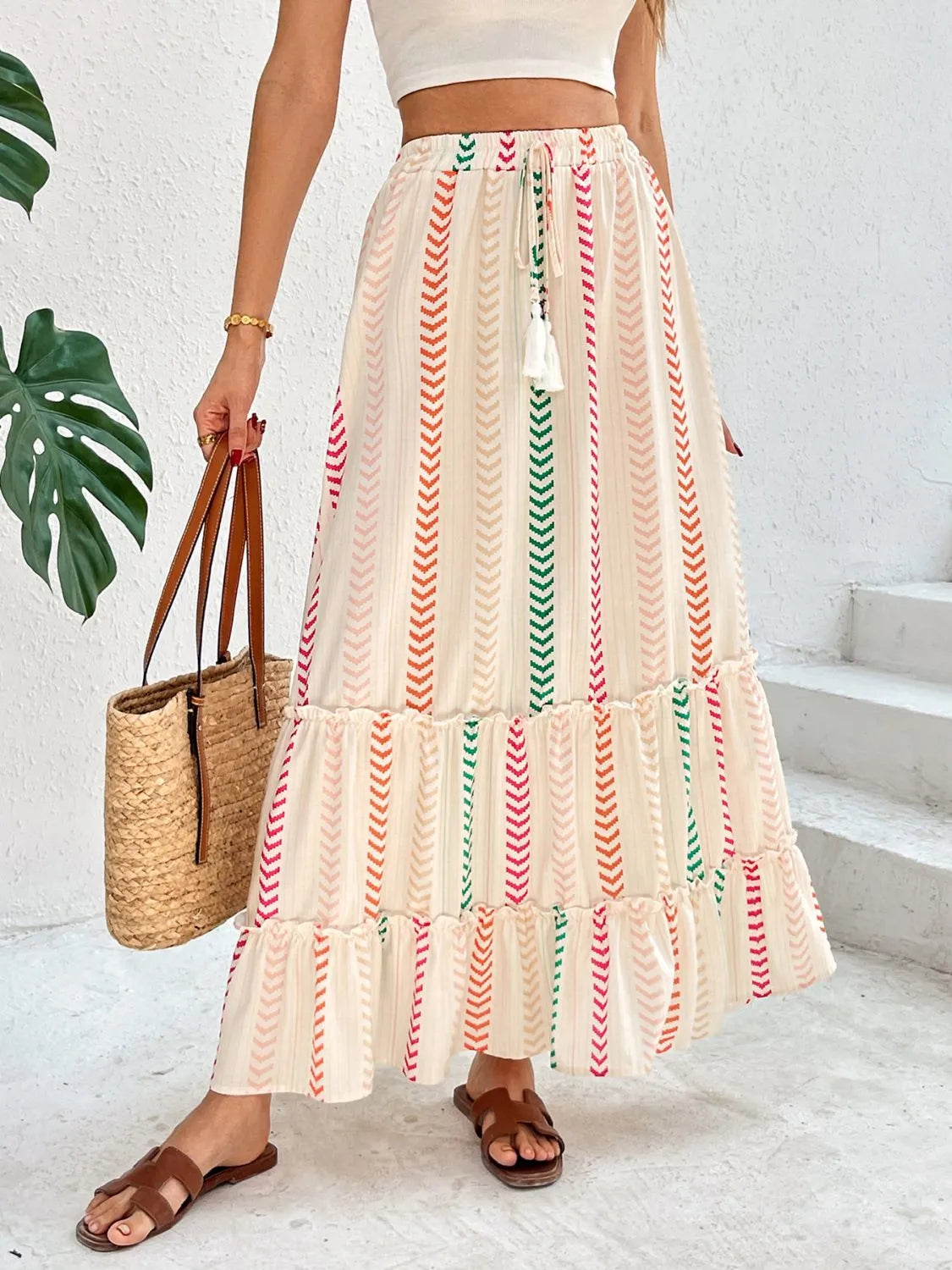Printed maxi skirt showing frill detail