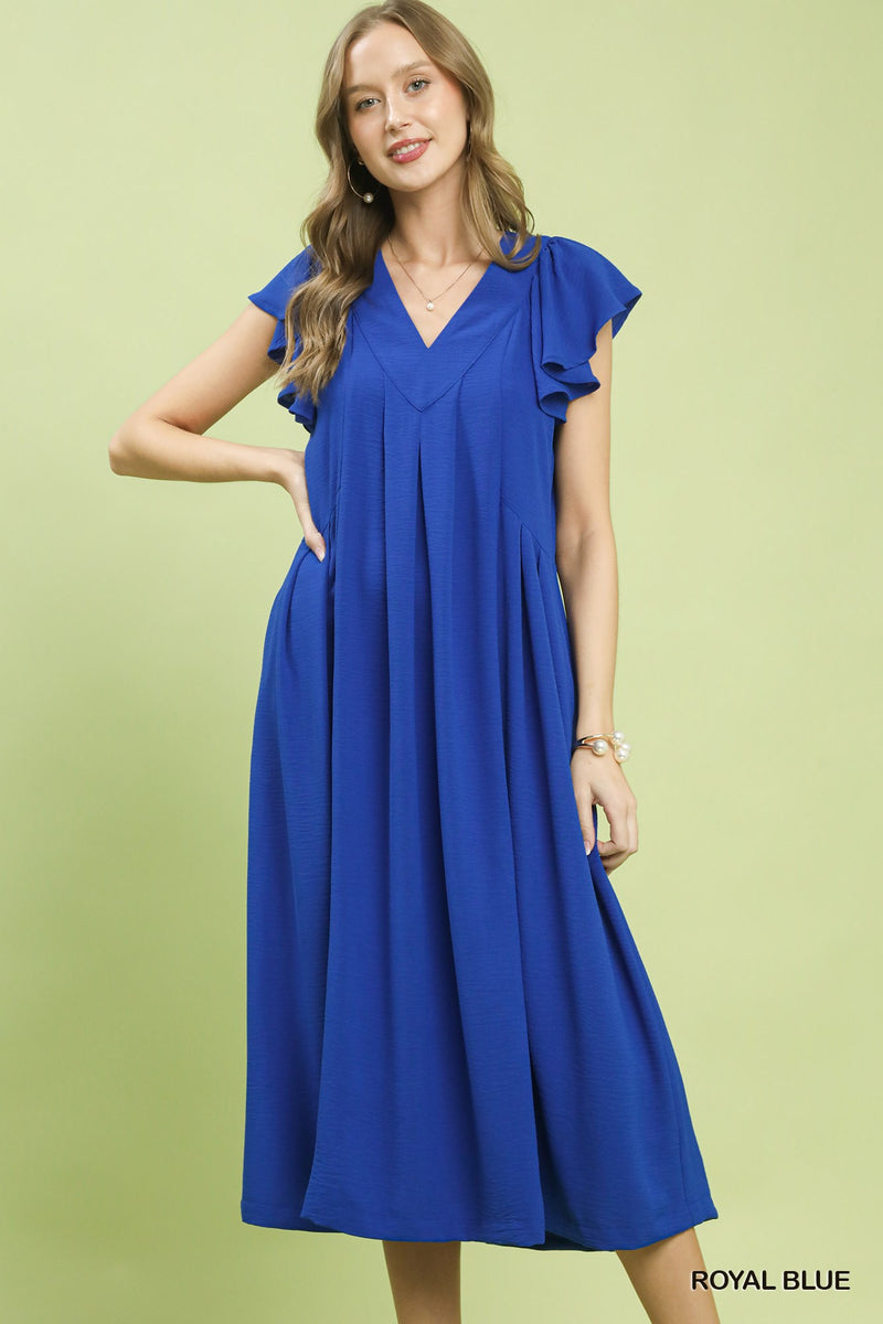 Ruffle Sleeve V Neck Midi Dress