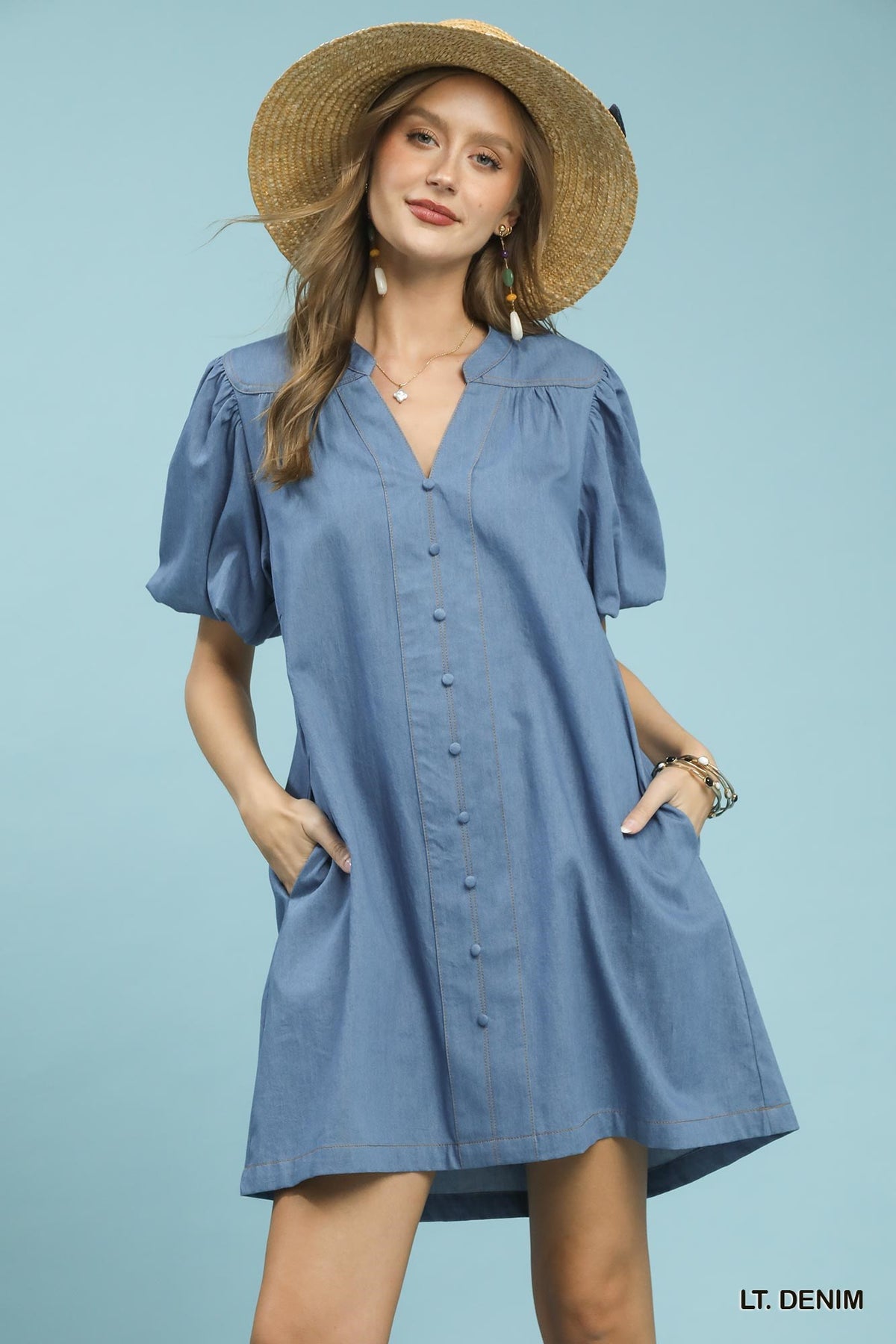 Chambray Puff Sleeve Dress in Light Denim