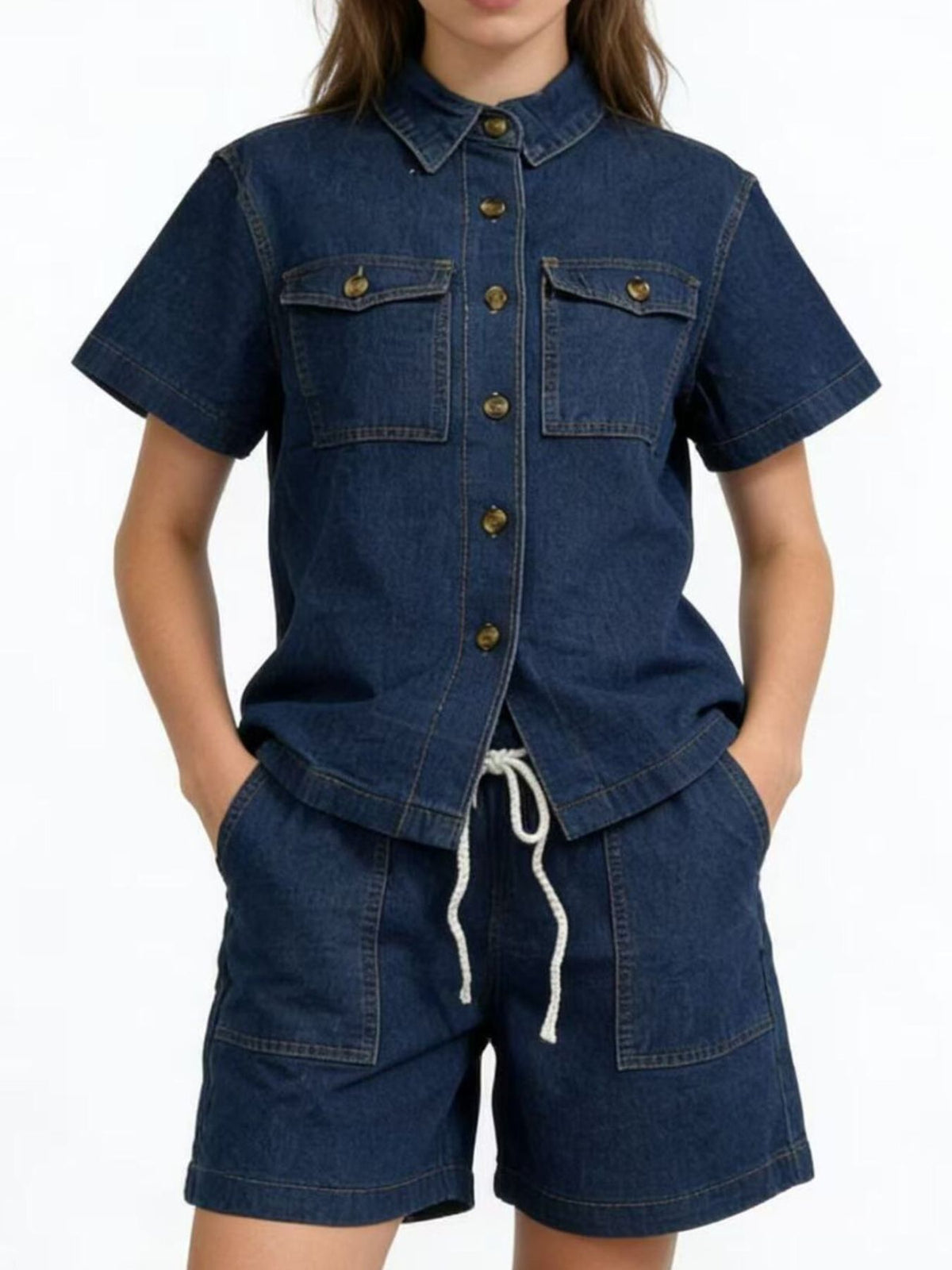 Button Up Short Sleeve Top and Denim Shorts Set, view 10