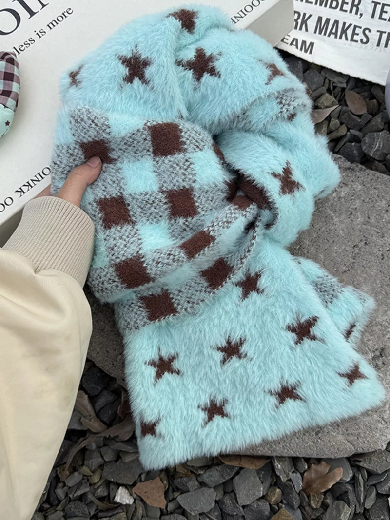 Star plaid plush scarf in mint blue