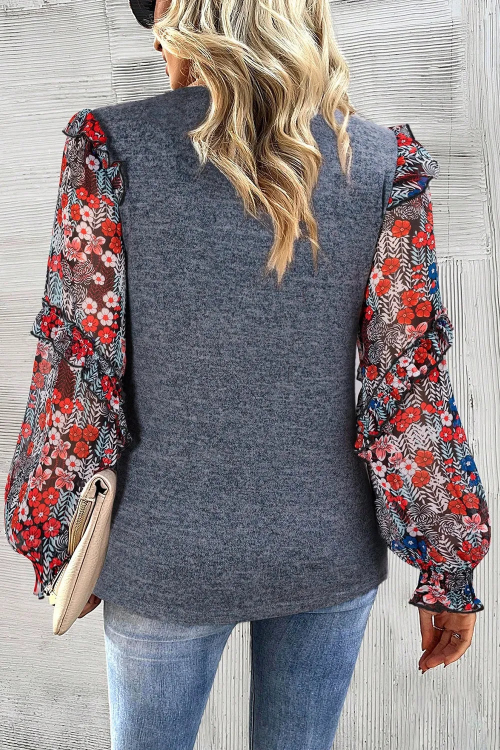 Heathered Floral Frill Lantern Sleeve Blouse - Fashorio