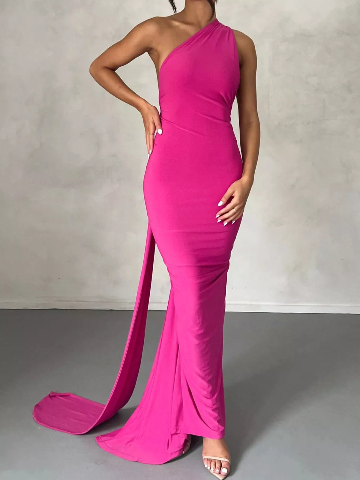 One Shoulder Ruched Bodycon Maxi Dress back view