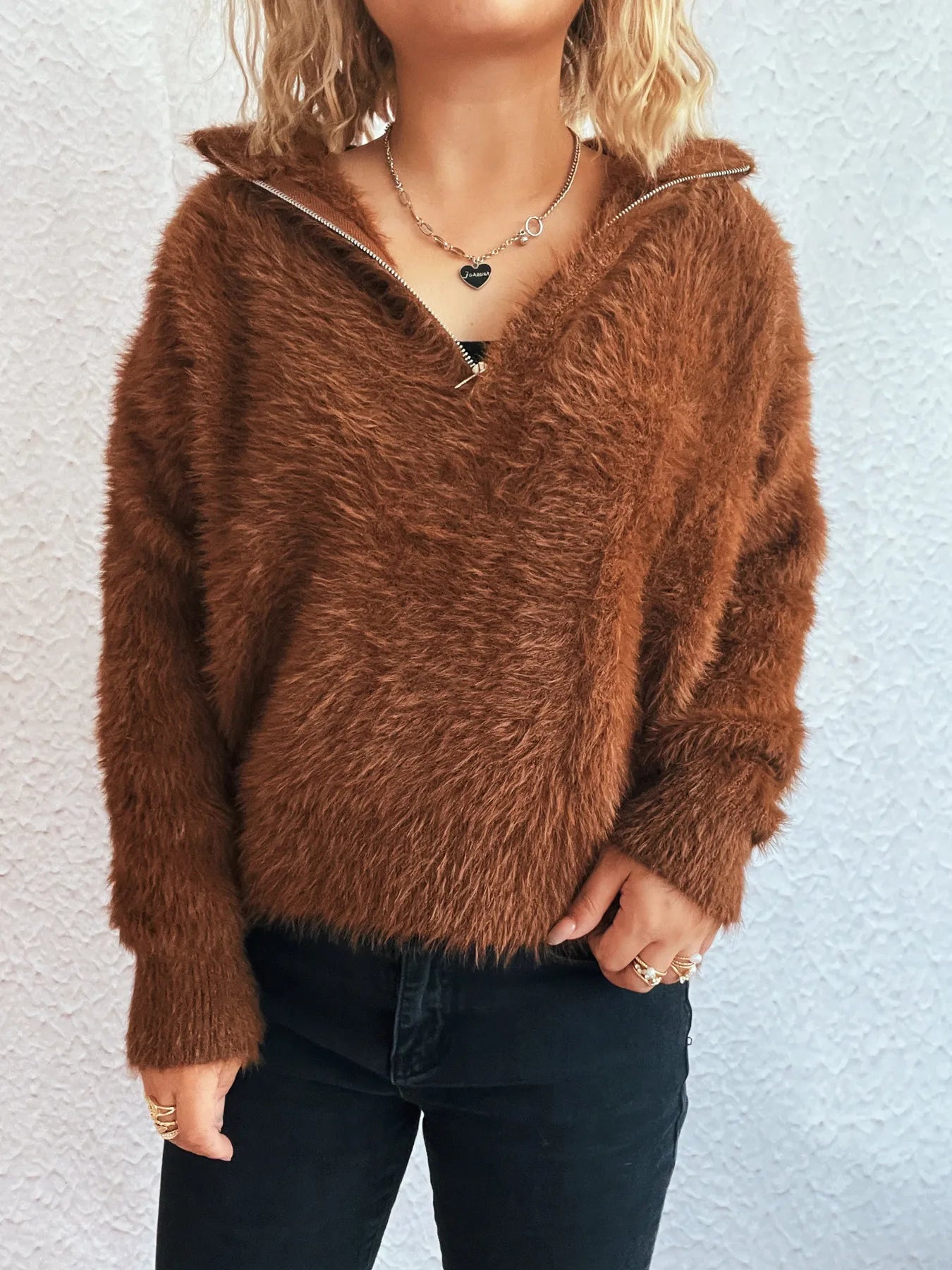 Cozy Fuzzy Half-Zip Sweater Brown One Size - Fashorio