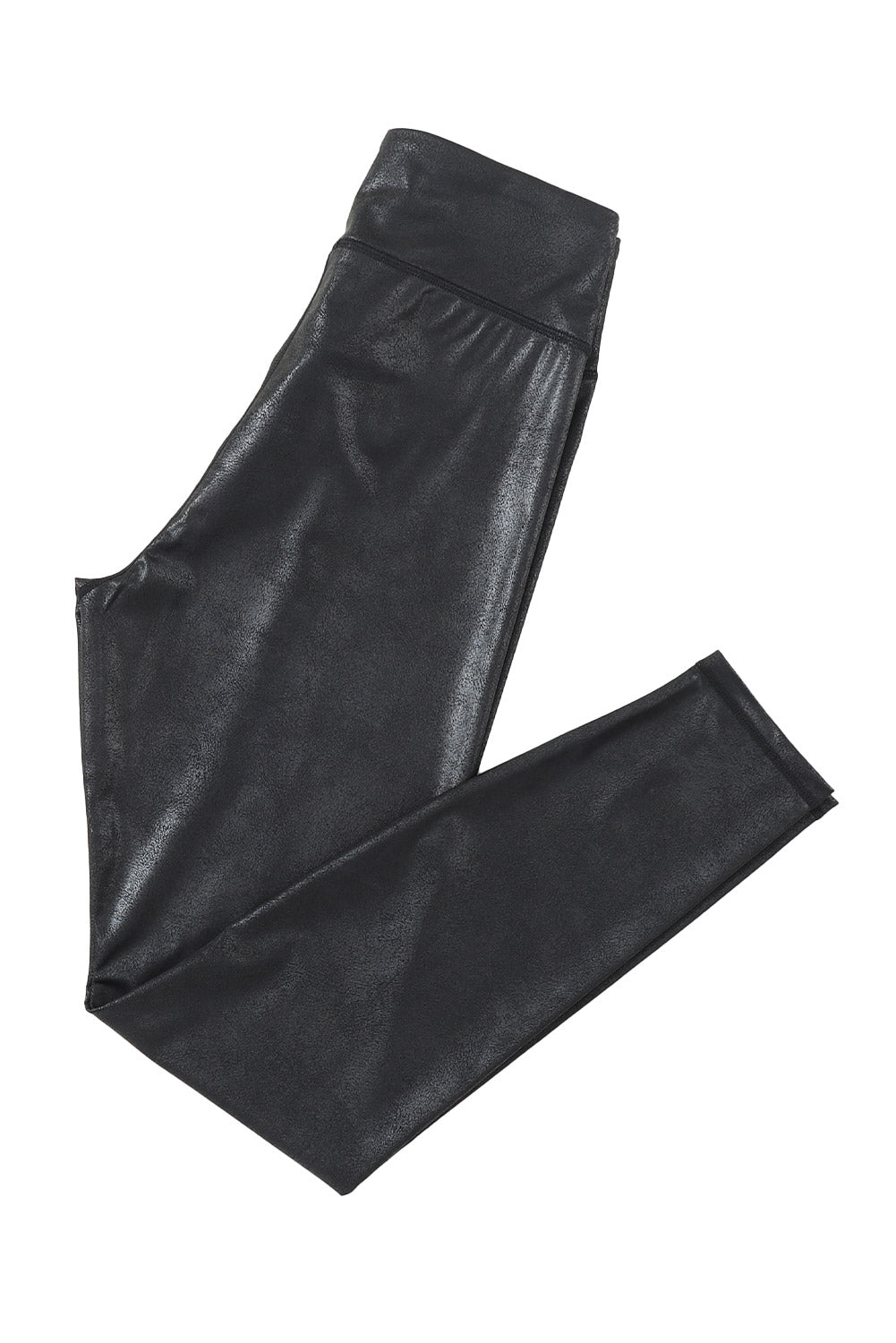 Full length view of black faux leather leggings