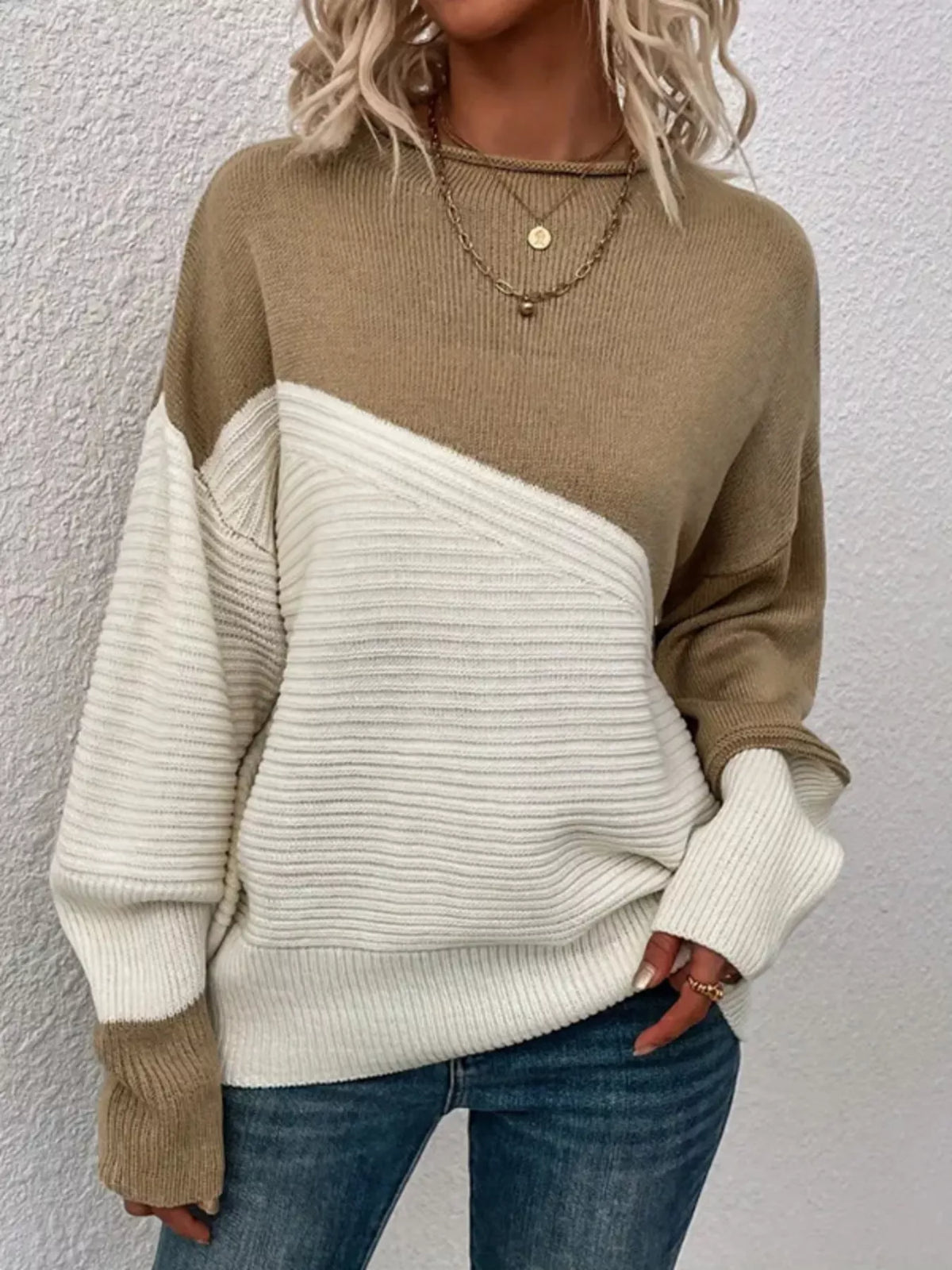 Color Block Ribbed Knit Sweater knit texture detail