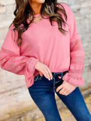 Lace Detail Flounce Sleeve Sweatshirt Dusty Pink - Fashorio