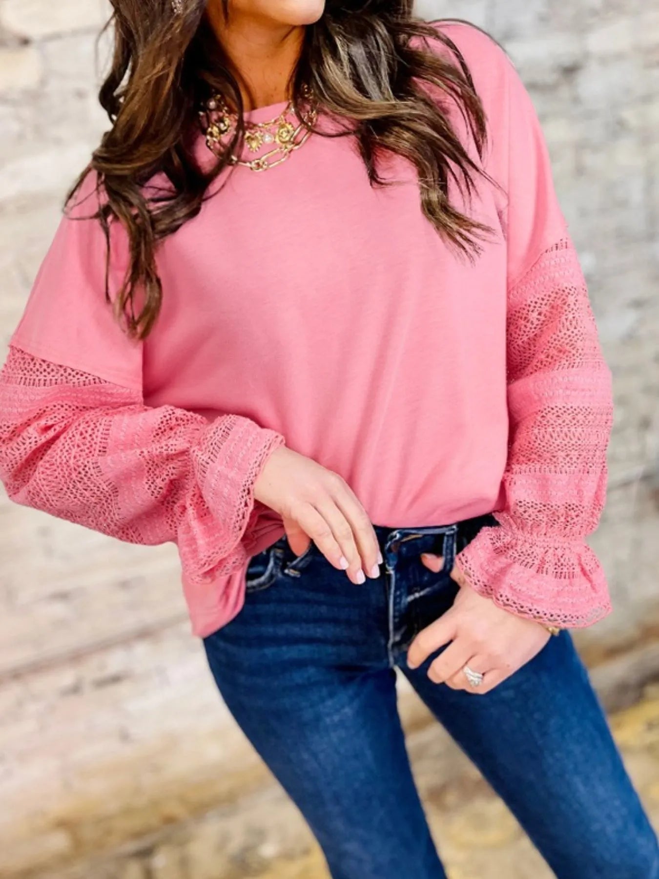 Lace Detail Flounce Sleeve Sweatshirt Dusty Pink - Fashorio