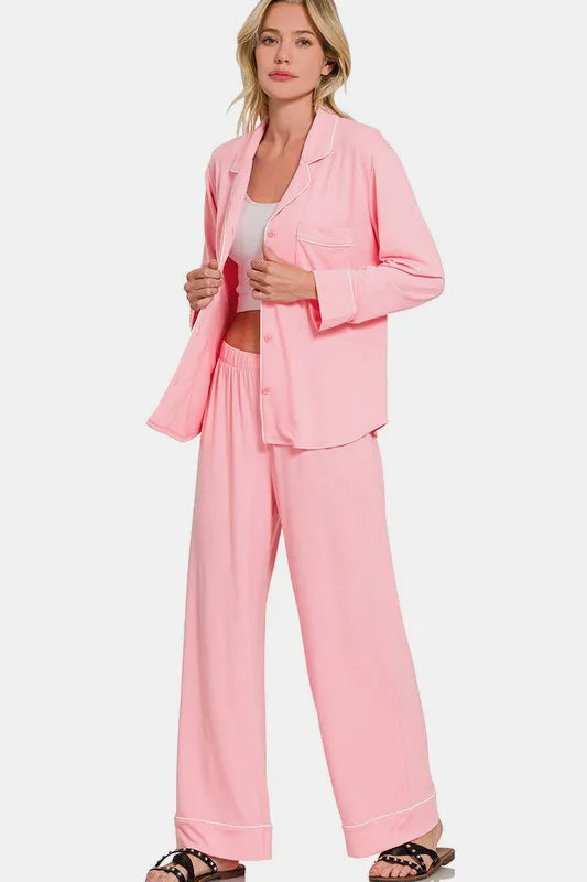 Zenana Button Down Long Sleeve Top and Pants Lounge Set - Fashorio