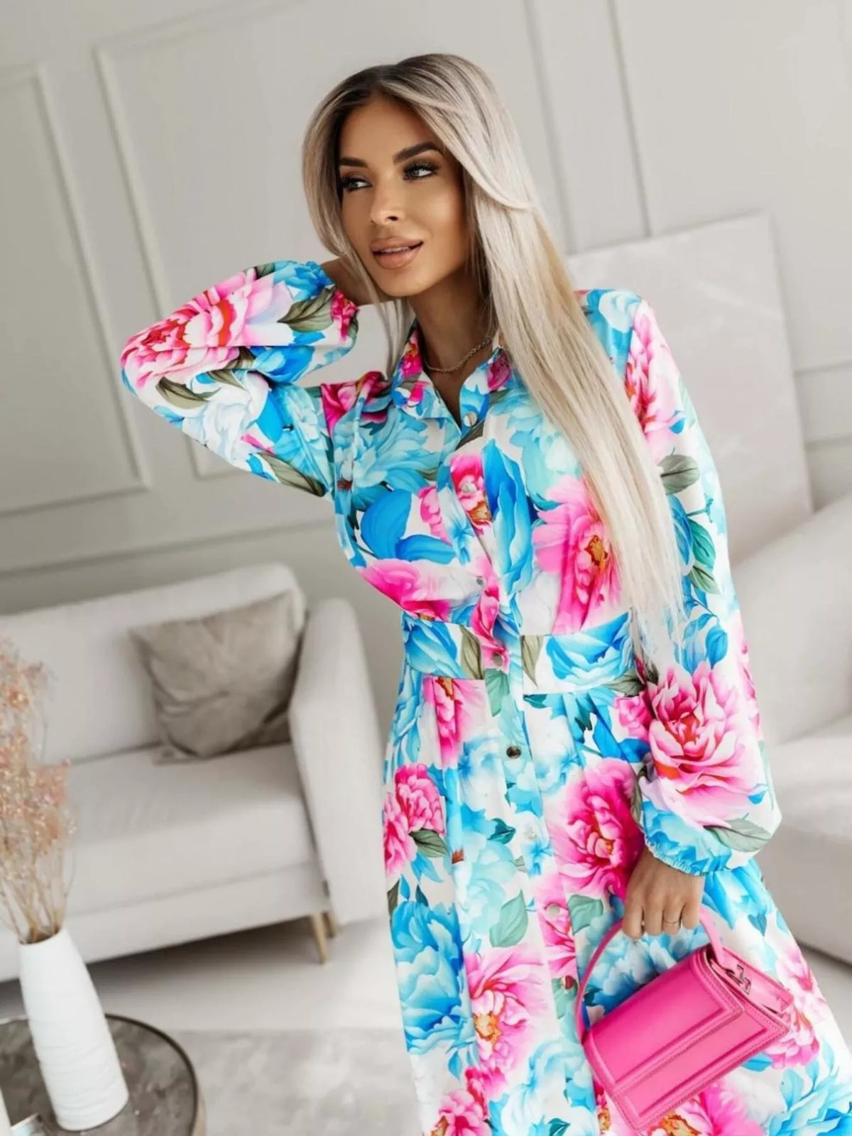 Printed button front maxi shirt dress back view