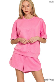 Zenana Scuba Short Sleeve Top & Shorts Set CANDY PINK - Fashorio