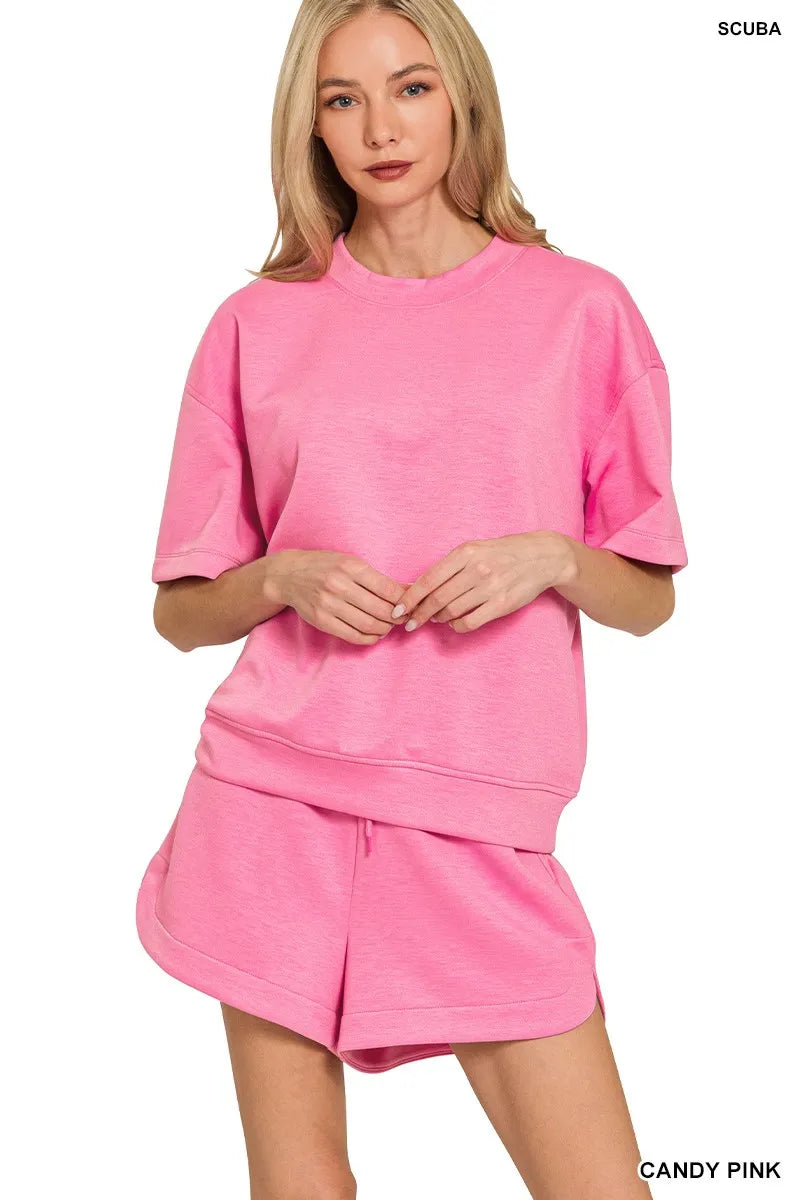 Zenana Scuba Short Sleeve Top & Shorts Set CANDY PINK - Fashorio