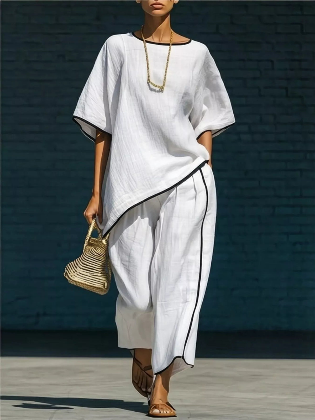 Contrast trim round neck top and pants set front view