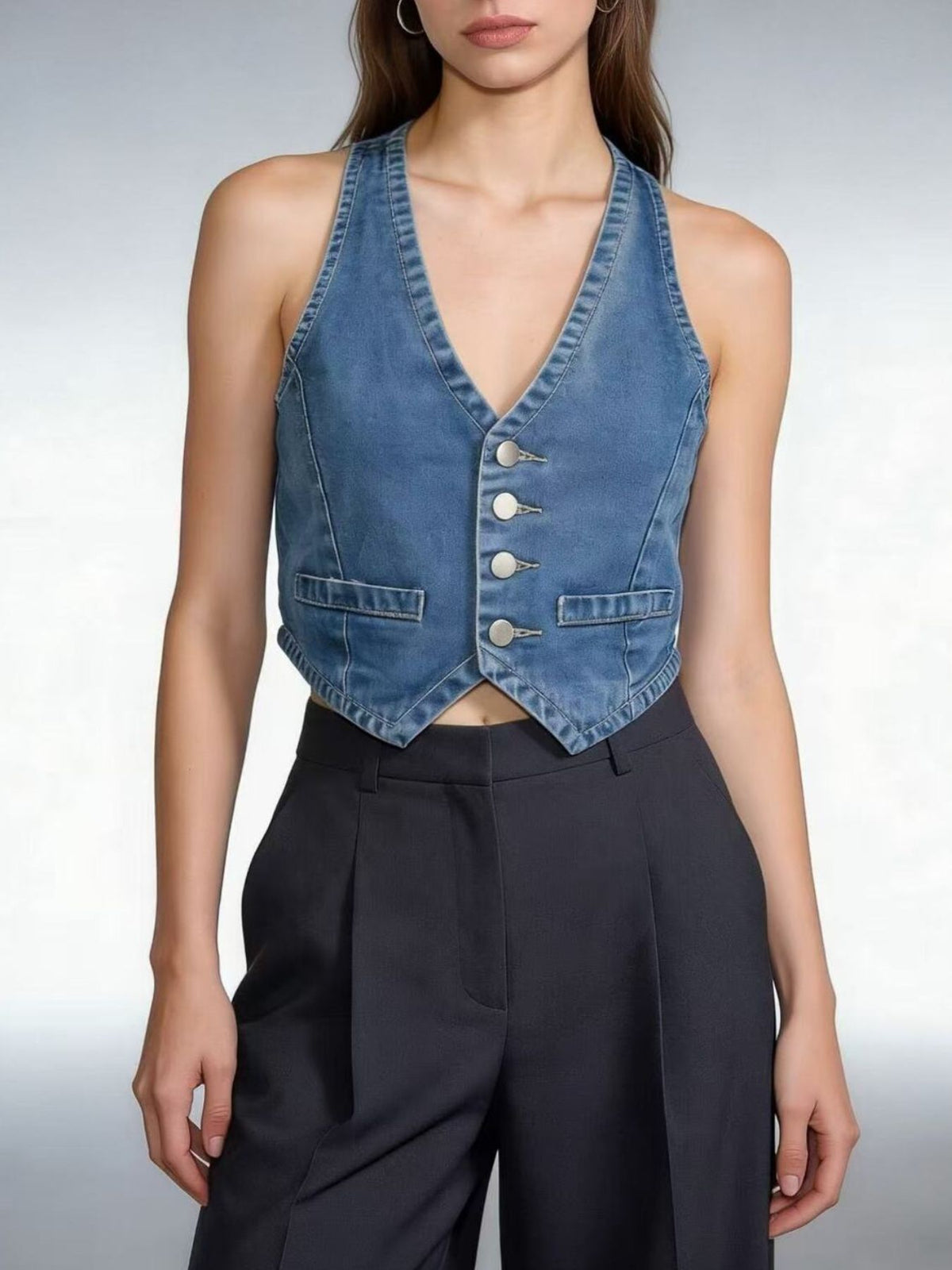 Button Down Denim Vest in Light Blue view 10